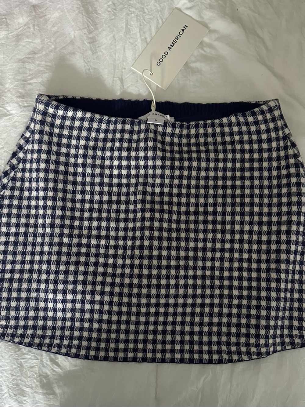 Good American Navy & White Gingham Mini Skirt